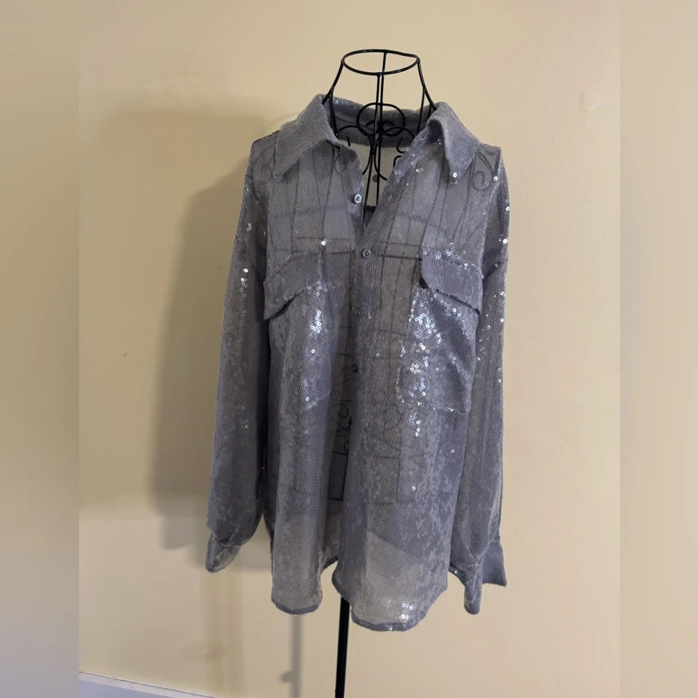 NWOT Free People Disco Margarita Button down Size Small in Silver